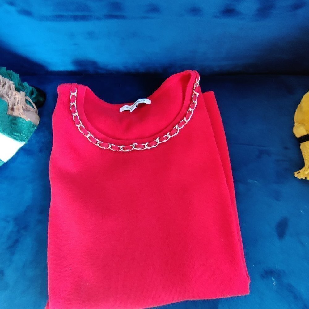 Mercer Street Studio Jewel Red Knit Sweater. Contemporary trim necklace at neck.